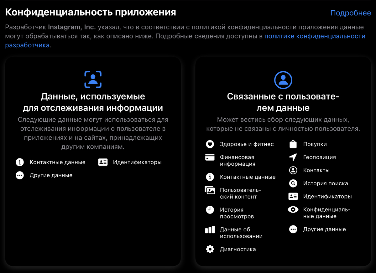 блок конфиденциальности в App Store. Фото с рунета, автору спасибо