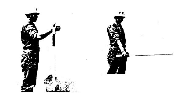 Слева: Исходное положение, позволяющее правильно сжимать дубинку. Обратите внимание, что кожаная петля зацепляется за большой палец и проходит через тыльную сторону ладони. Справа: Обратите внимание, что кожаная петля проходит через тыльную сторону руки.
