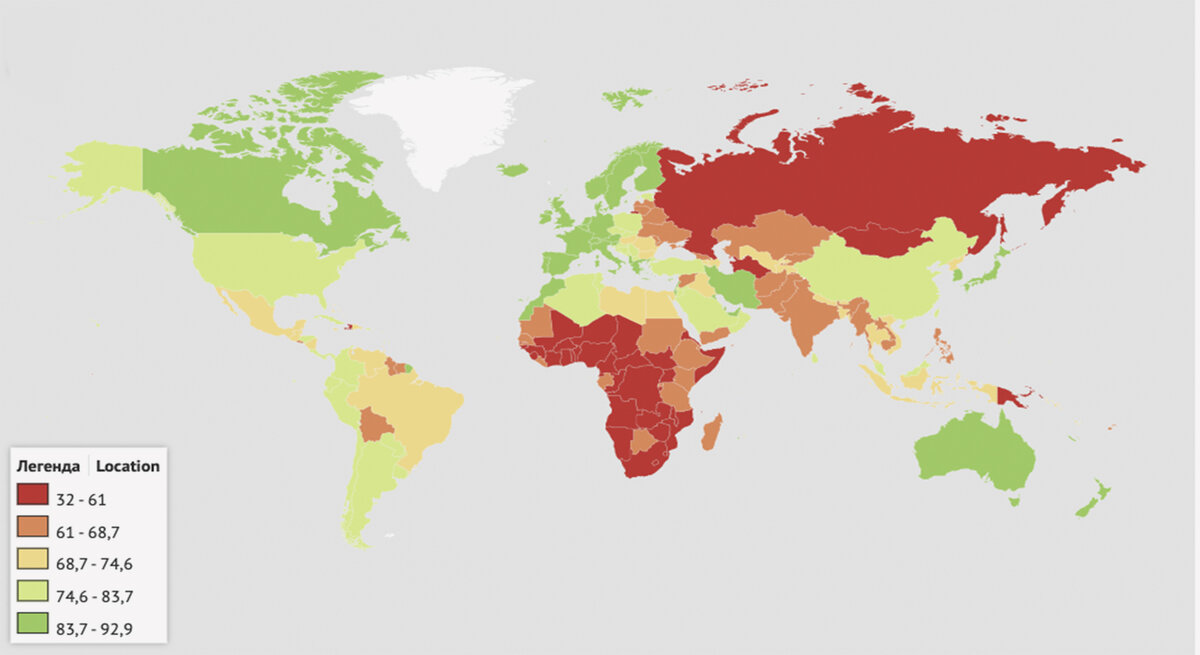 Карта вероятности дожития до 65 лет среди мужчин. Чем выше вероятности дожития, тем "зеленее" страна.