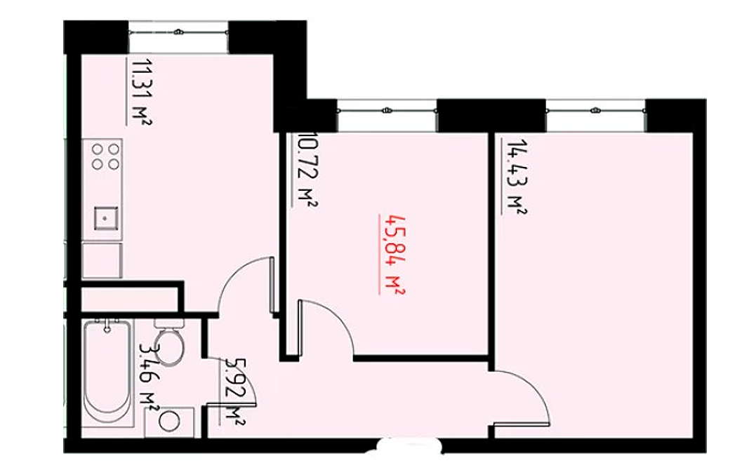 Планировка 2-комнатной квартиры 46 м² в новом ЖК в Новой Москве за 3 млн ₽