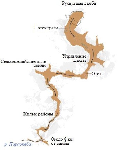 Территории вдоль долины реки Каза-Бранка, похороненные под слоем токсичной грязи после прорыва земляной дамбы хвостохранилища в Брумадинью (Бразилия) [39]