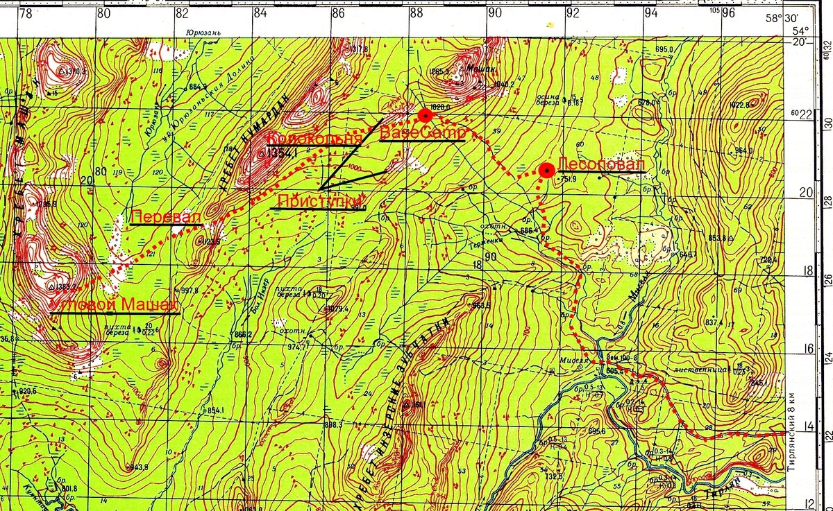 Схема пути к горному массиву Угловой Машак из села Тирлянский