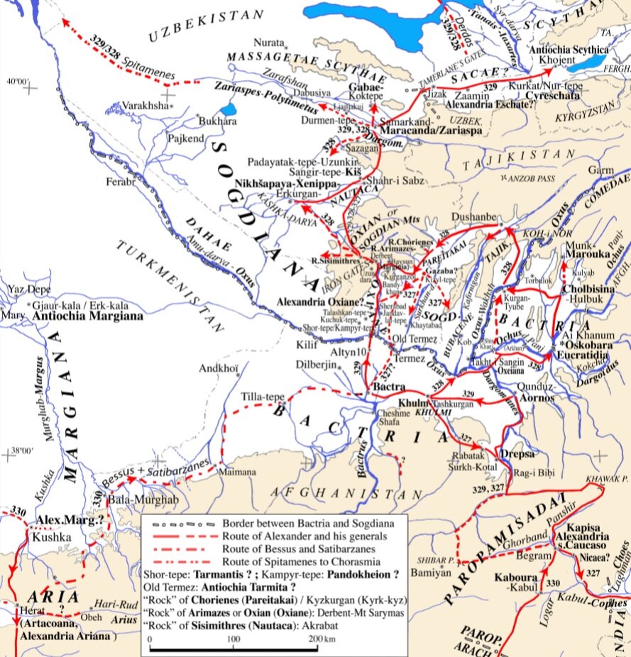 Карта военной кампании Александра в Бактрии и Согдиане. Карта составлена Клодом Рапэном