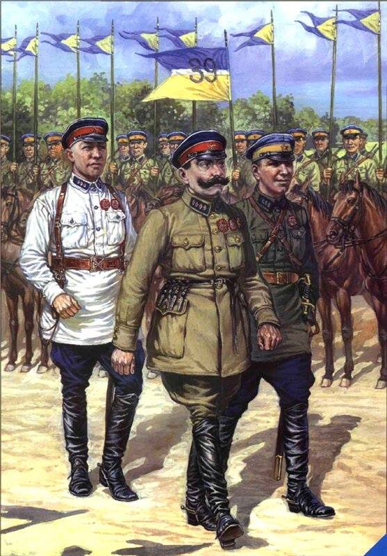 Инспектор кавалерии РККА С.М.Буденный, командир 3-го кавалерийского корпуса С.К.Тимошенко и командир 39-го кавалерийского полка Г.К.Жуков перед строем полка. 1927 г. На пиках передней шеренги - цветные флюгеры и штабной значок с номером полка. (Художник Игорь Дзысь).