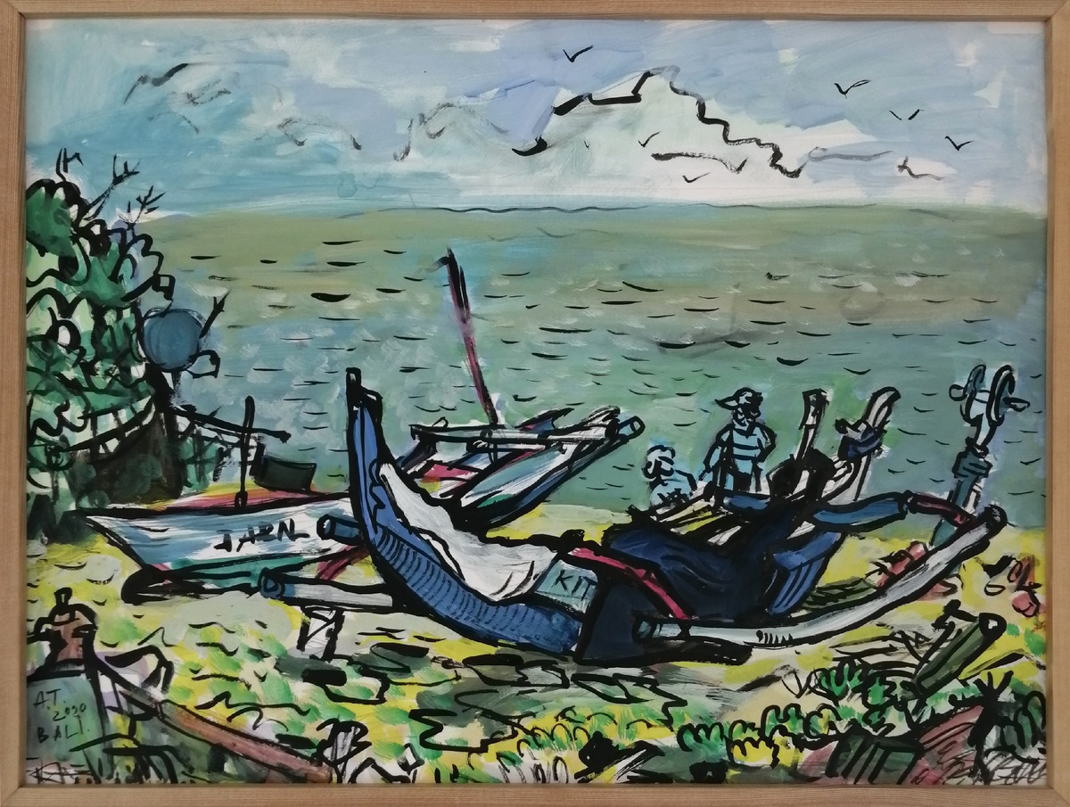 "Лодки в Джимбаране, этюд из серии" БАЛИ. Остров Солнца. 2020, техника: Бумага, тушь, акварель, гуашь. размер: 55 × 42,5 см