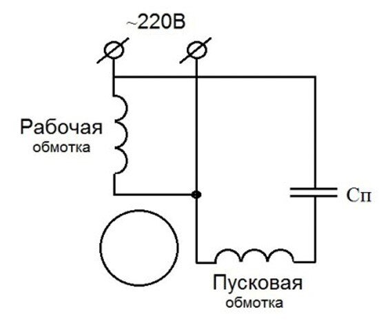 Схема включения асинхронного электромотора с рабочим конденсатором