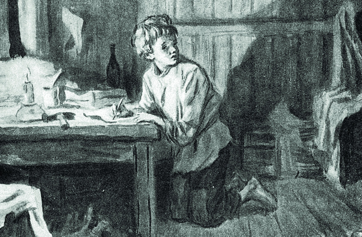 Ванька Жуков пишет письмо на деревню дедушке.иллюстрация из книги.