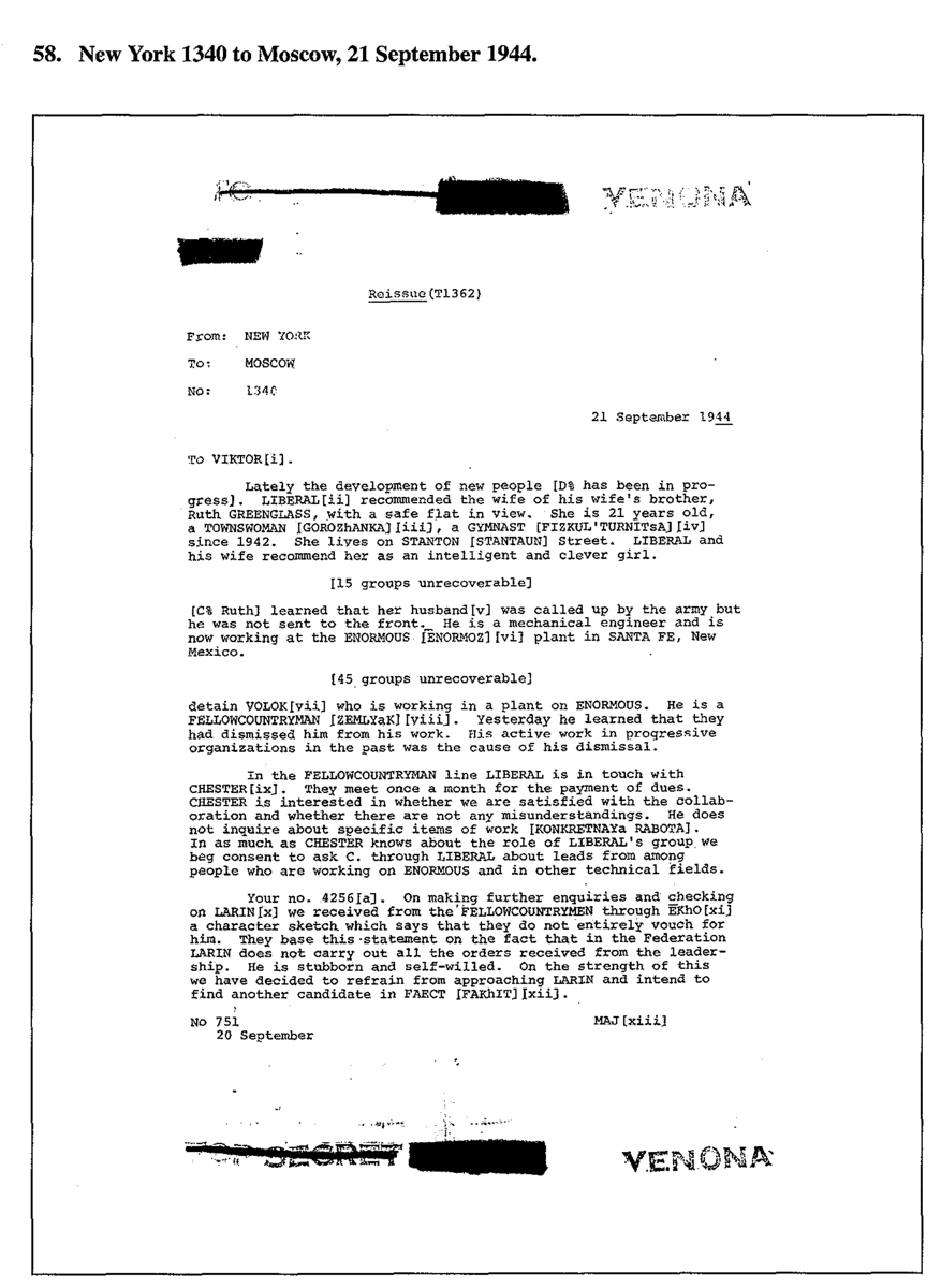 Расшифрованное "Веноной" сообщение , доказывающее причастность Розенбергов и Гринглассов к разведке. Юлиус Розенберг («Либерал») и его жена рекомендуют завербовать Рут Грингласс. 