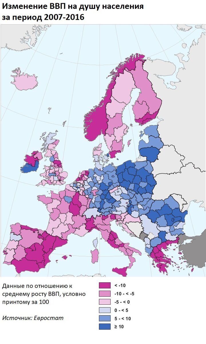 Изменение ВВП стран ЕС по отношению к среднему росту ВВП по странам Евросоюза за период 2007-2016 гг.