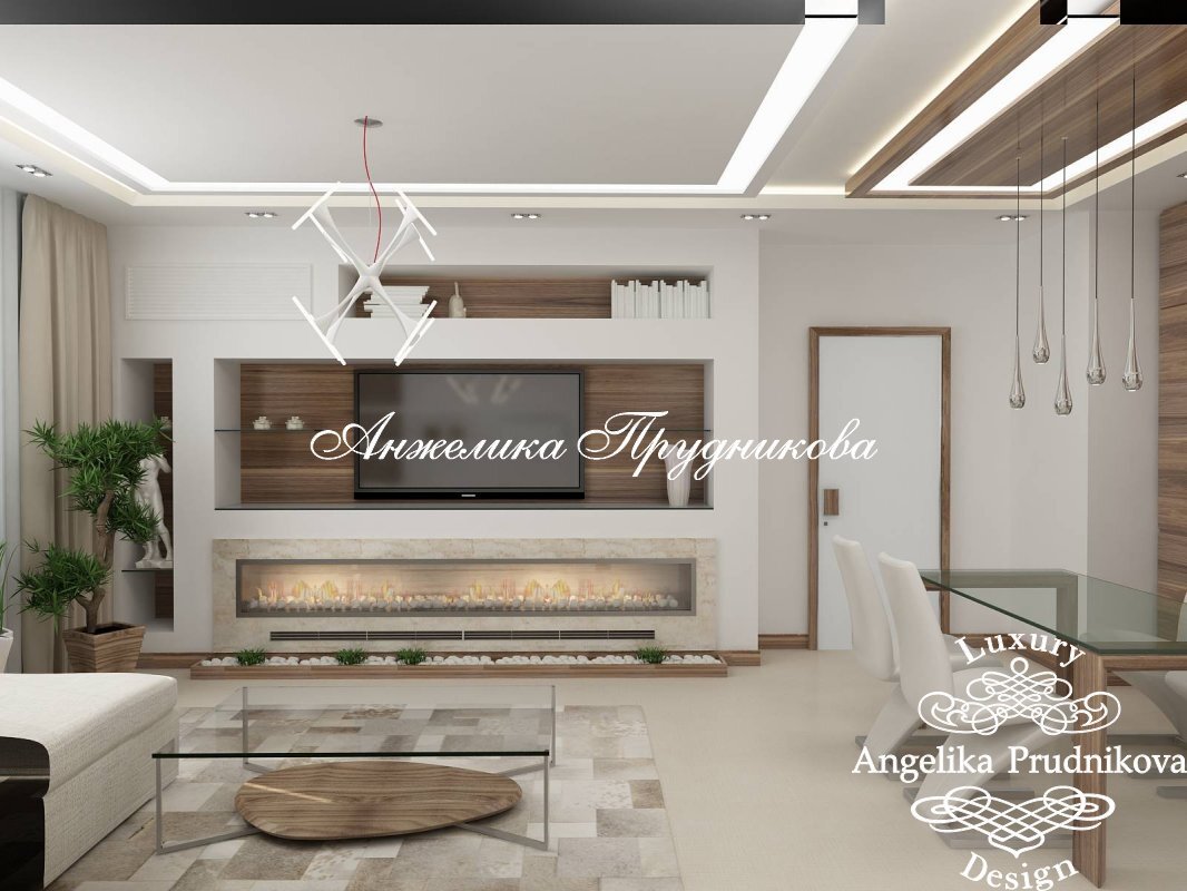 На фото: ТВ-зона с камином