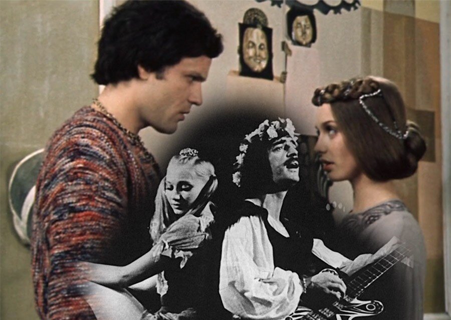 © Мосфильм. театр им. Ленсовета. Кадр из т/ф "31 июня" и фото со спектакля "Бременские музыканты"