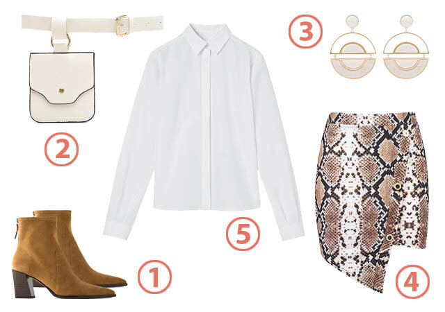 1. Ботильоны Zara, 4 999 руб. 2. Поясная сумка Boohoo, цена по запросу. 3. Серьги Elisabetta Franchi, цена по запросу. 4. Юбка Boohoo, цена по запросу. 5. Рубашка Longchamp, 25 400 руб.