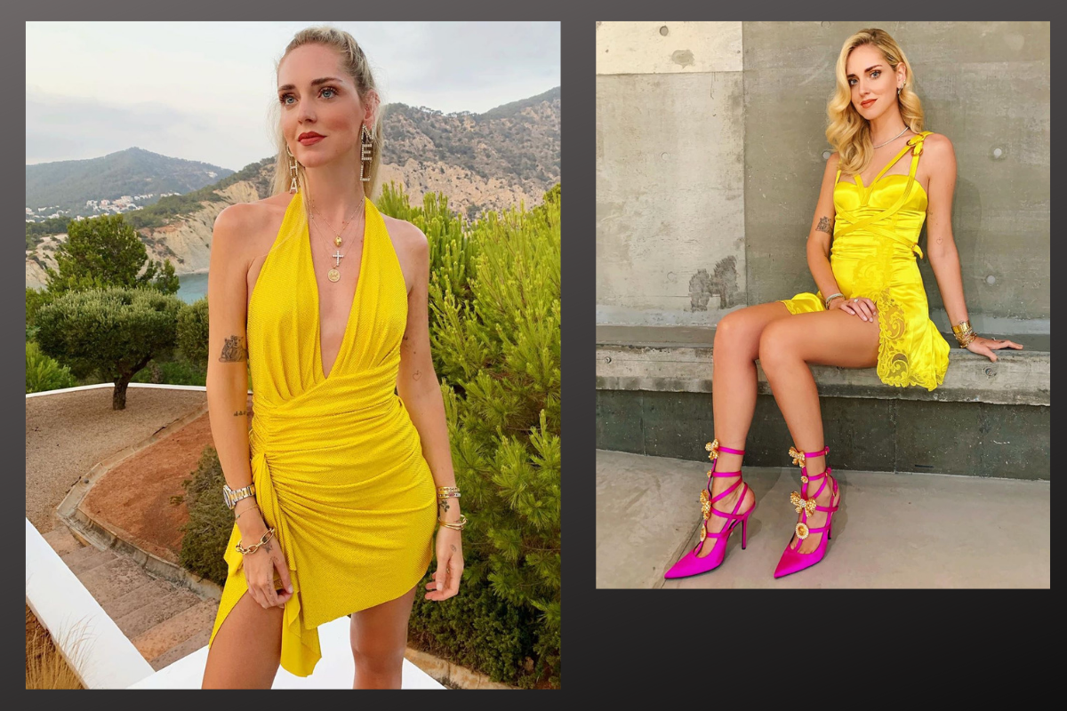 На фото великолепная Кьяра Ферраньи в актуальных платьях жёлтого цвета