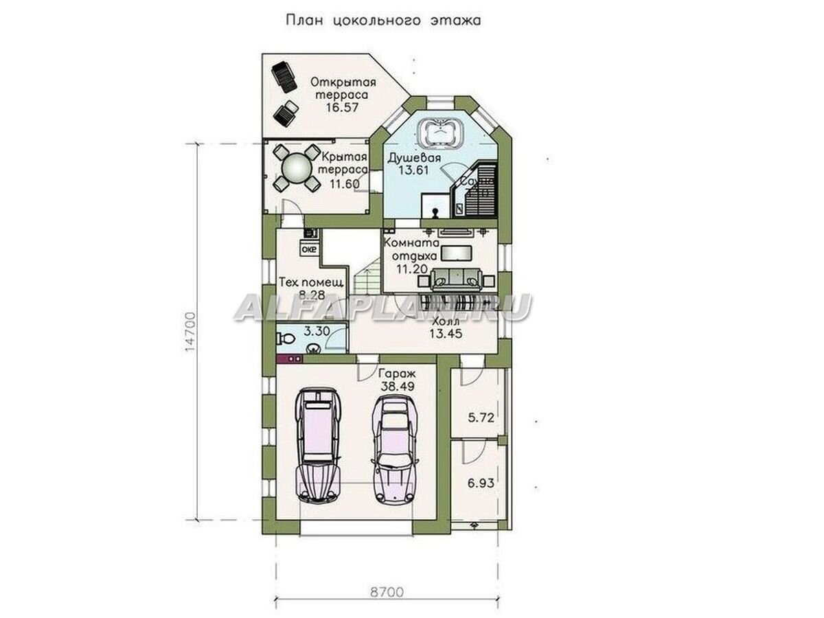 НА СЛАЙД ШОУ 3 ФОТО: ПЛАНИРОВКА  дома по проекту 173А  © Владимир Тарасов

Вход в дом осуществляется через тамбур (для сохранения тепла). Холл цокольного этажа довольно большой 13 м2, оснащен гардеробом и ведет в гараж на 2 машины, большое техническое помещение (котельную ) и санузел, а также в СПА-зону, включающую сауну с душевой и бассейном и комнату отдыха. Из душевой есть выход на террасу, часть которой крытая, а другая – открытая.