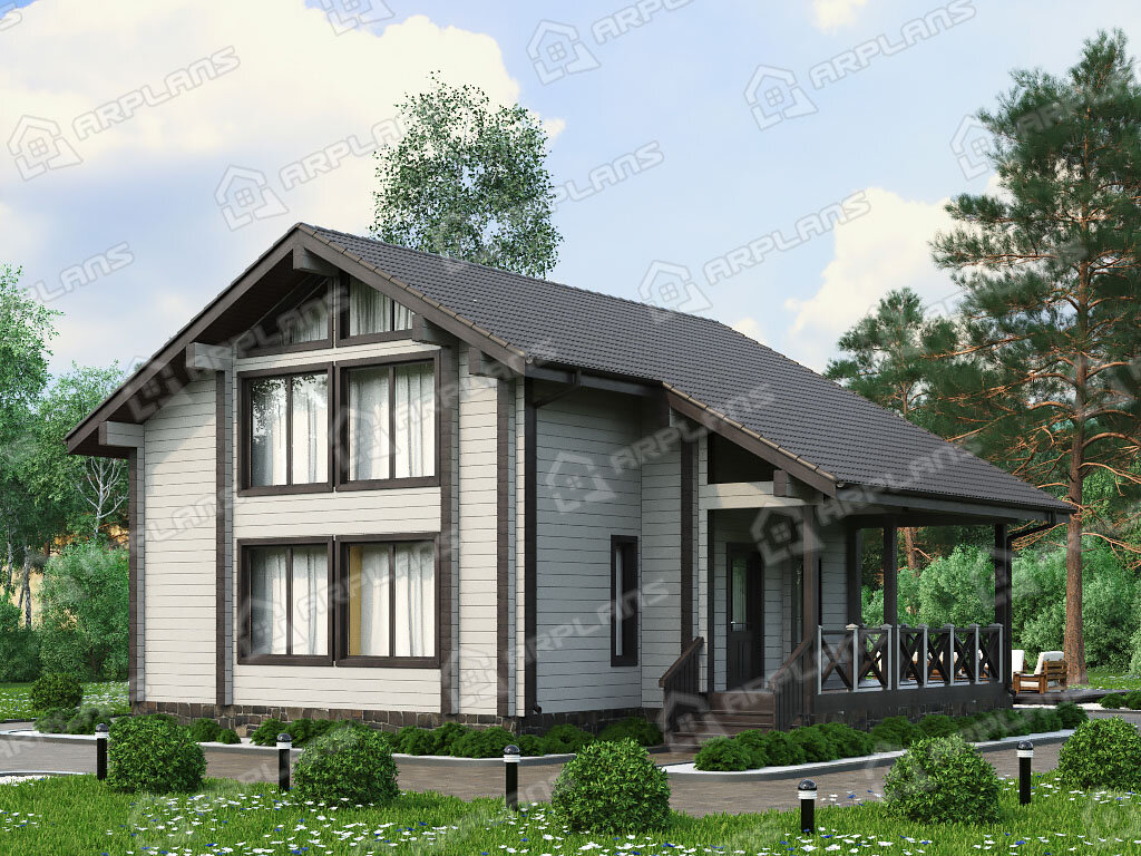 Фото 1 двухэтажного дома из бруса с мансардой, 3 спальнями, газовой котельной и террасой. Общая площадь 142 кв м. Источник arplans.ru Проект ДС-136