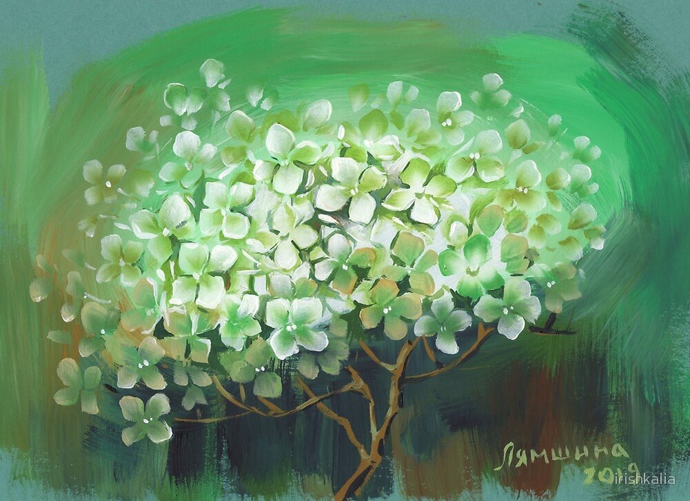 Ирина Лямшина. "Гортензия на зеленом", бумага, акрил, 2019 г.