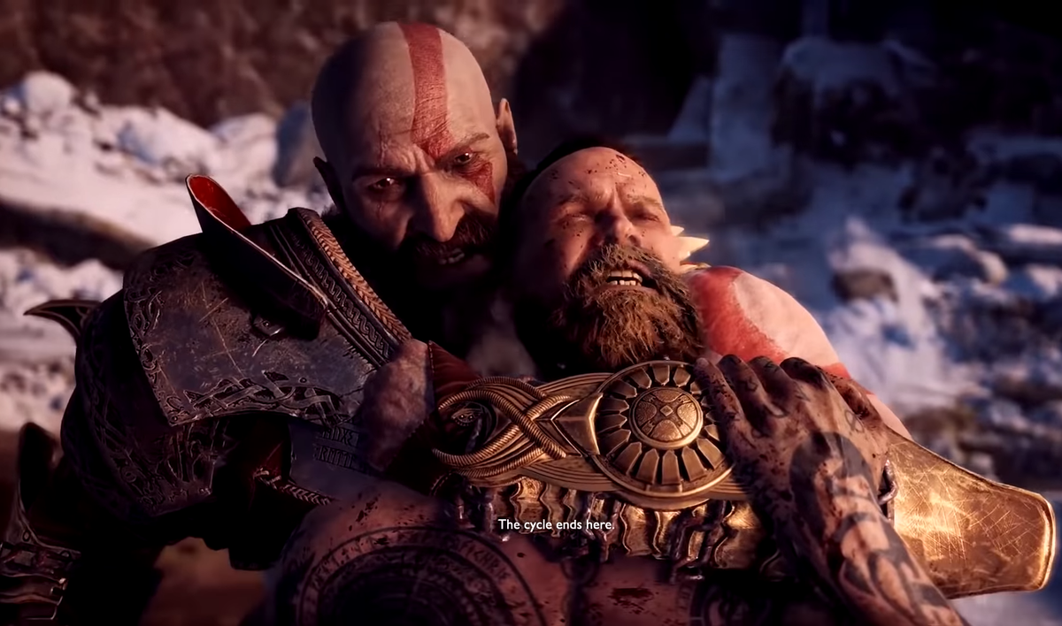 Кратос с Бальдром  6 место из неубивашек. Скриншот с прохождения игры.