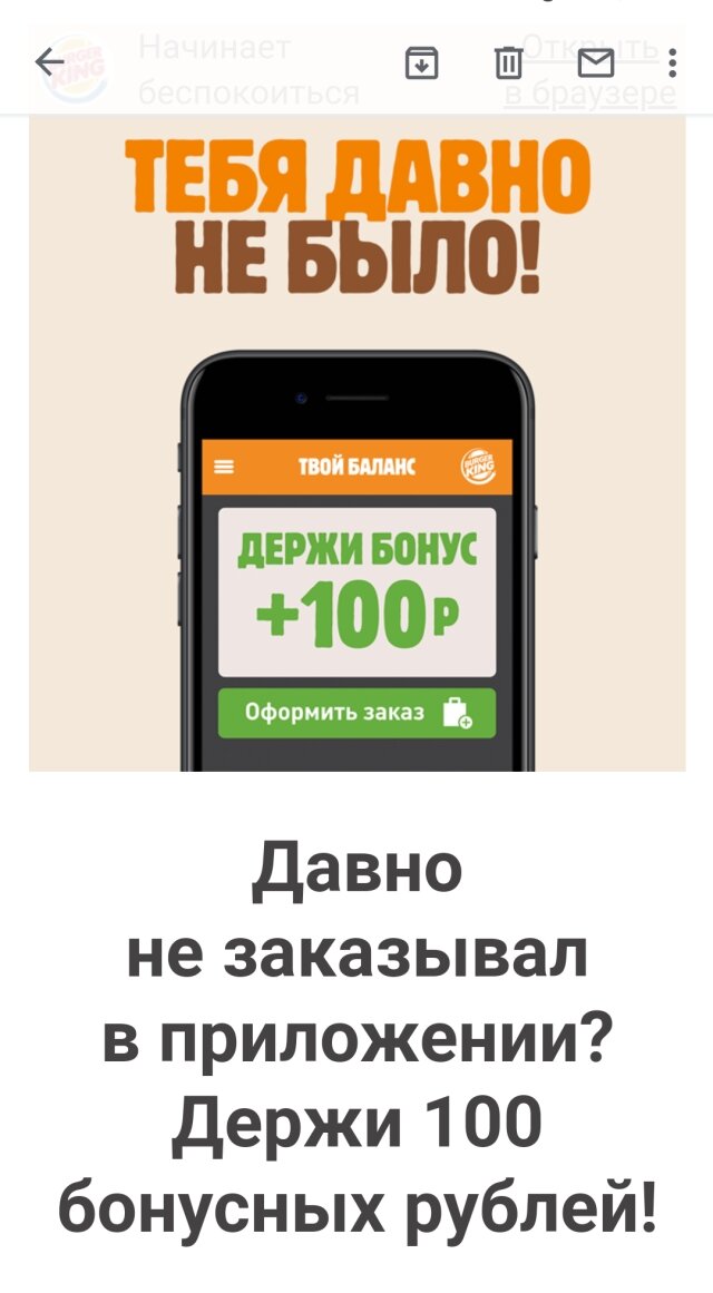 Скриншот письма от Бургер Кинга