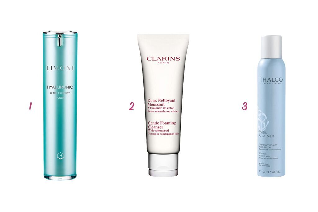 1 - увлажняющий тонер для лица с гиалуроновой кислотой Hyaluronic Ultra Moisture Toner, Limoni; 2 - очищающий пенящийся крем с экстрактом хлопка для нормальной кожи, Gentle Foaming Cleanser, Clarins; 3 - спрей для лица Reviving Marine Mist, Thalgo