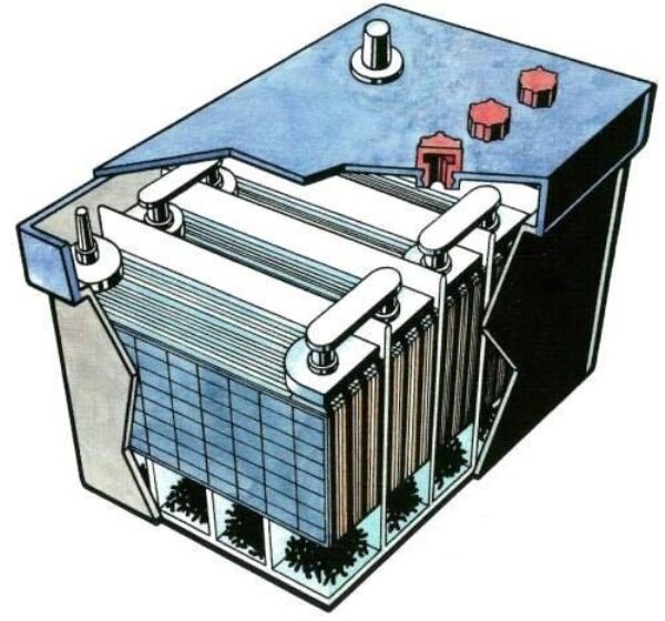 Кислотный аккумулятор в разрезе. 