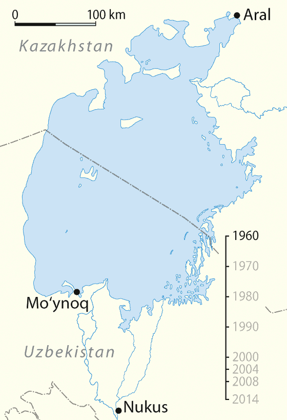 Падение уровня Аральского моря с 1960 по 2014 год