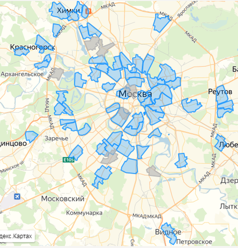 На картинке карта с охватом районов, в которых возможна доставка продуктов за 10-15 минут. Их уже на сегодня не так уж и мало в Москве, а главное за МКАДом, такие районы отмечены синим цветом.
