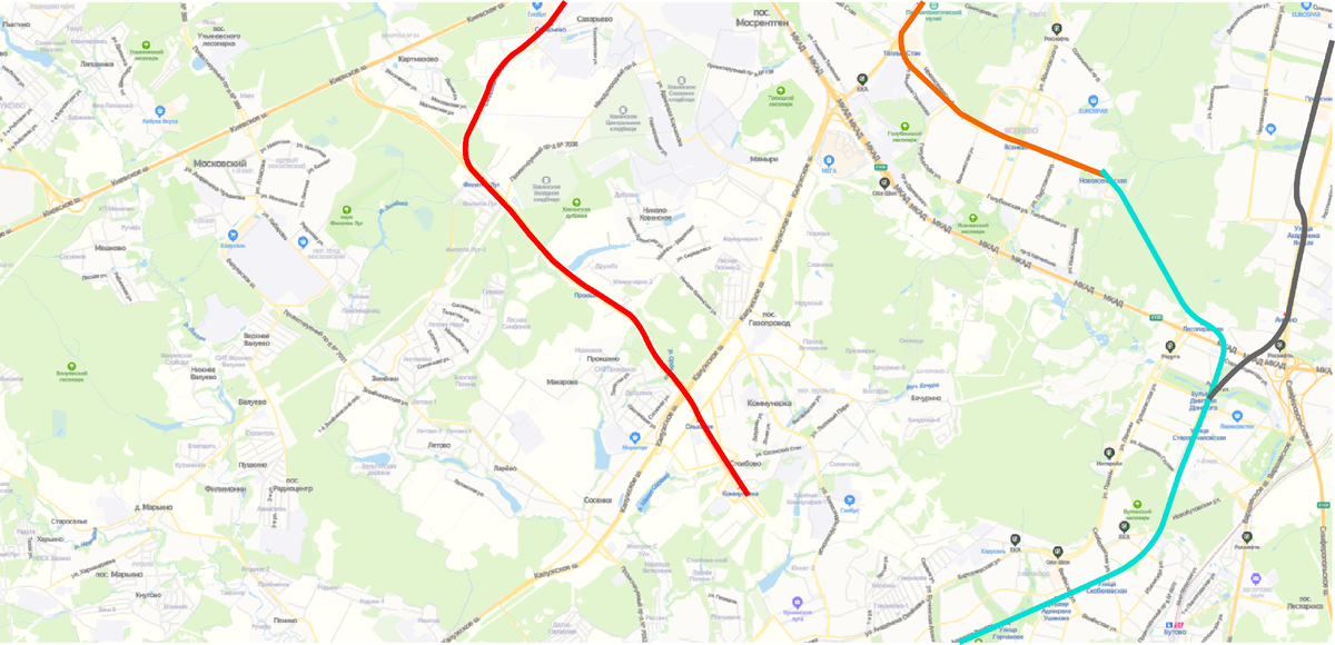 Нынешняя трассировка линий метрополитена на территориях ЮЗАО, ЮАО и НАО