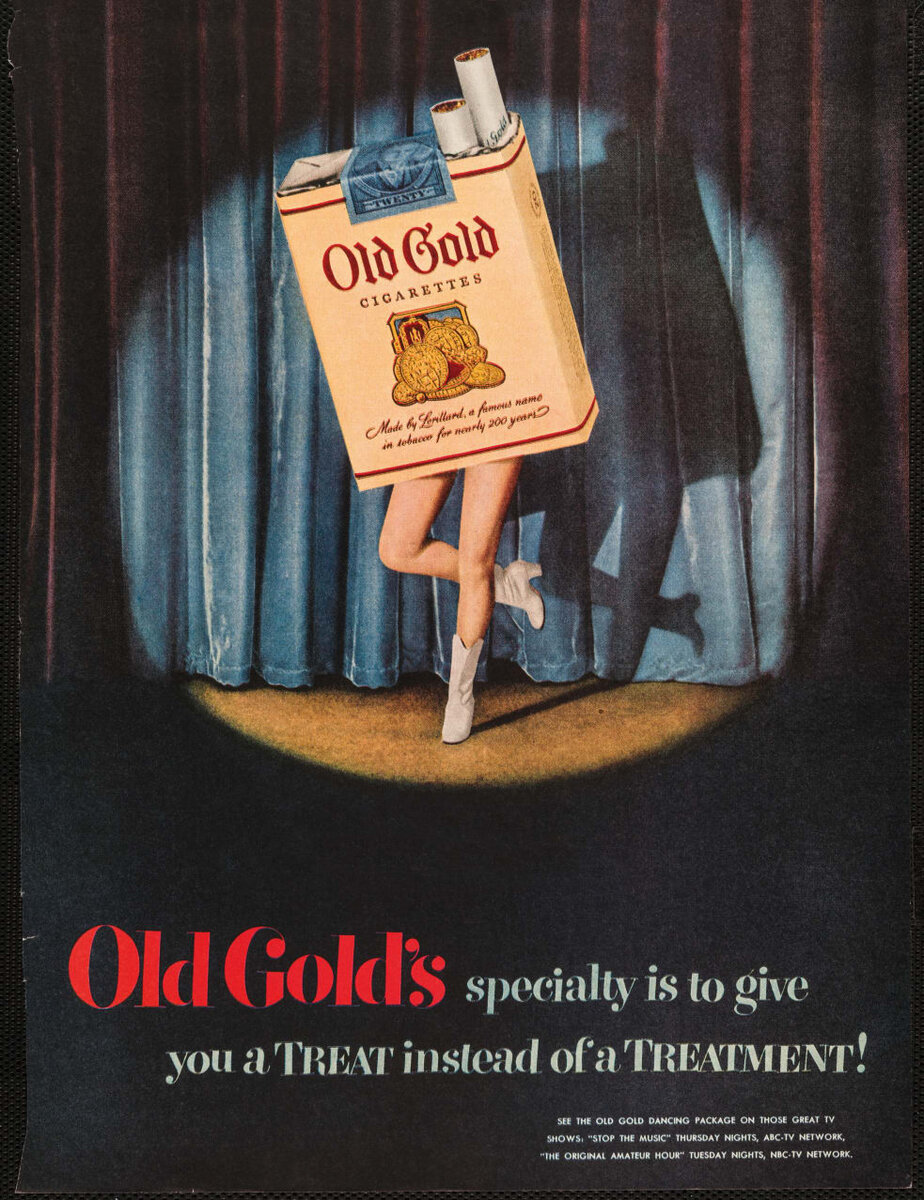 Old Gold's, 1950. Реклама была вдохновлена телешоу, в котором женщина была одета в костюм пачки сигарет.