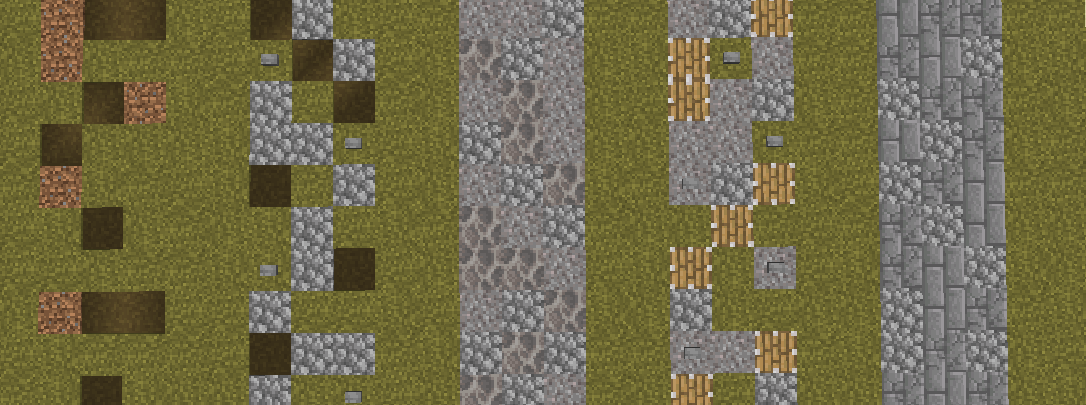 Есть довольно много видов дорог, и я представил несколько, некоторые состоят из обычных блоков, а некоторые из более дорогих.