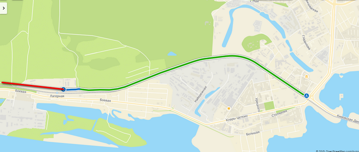 Схема 1-го этапа строительства дублёра, красным цветом выделена часть дороги, которой пока нет