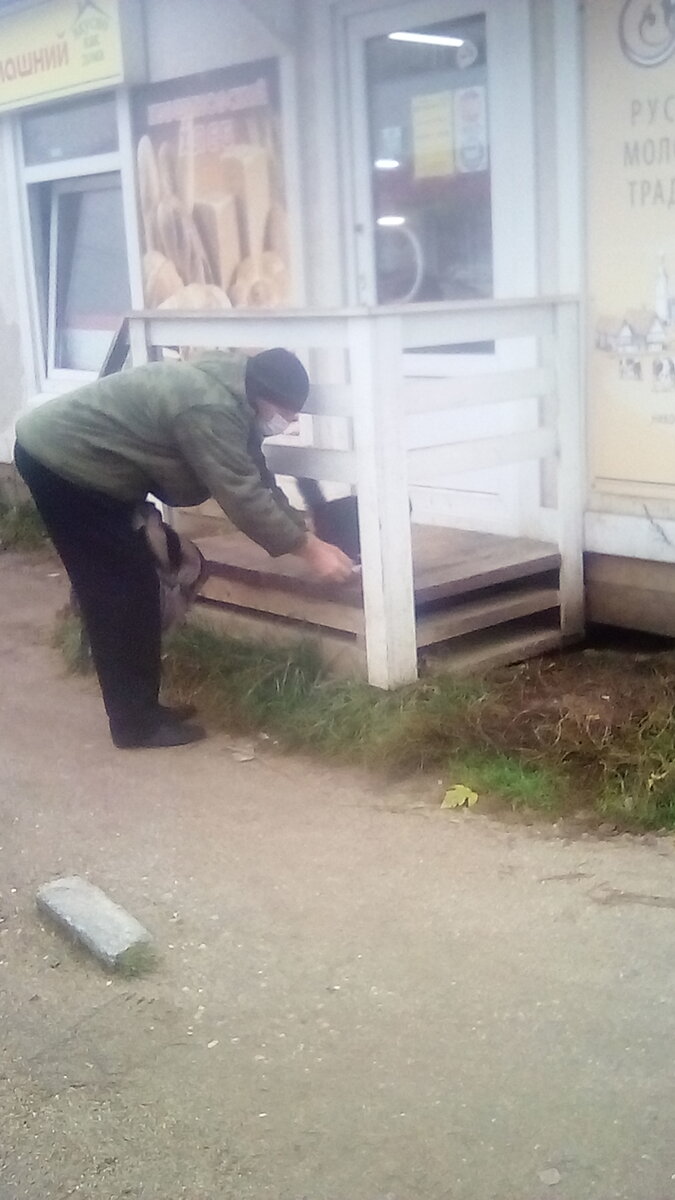 Кормят кота у магазина