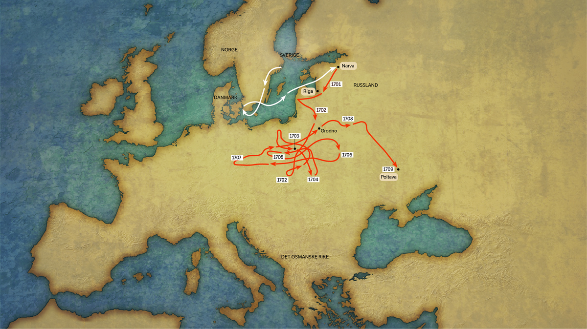 С сайта nrk.no. Карта метаний Карла XII по Европе. Кликабельно.