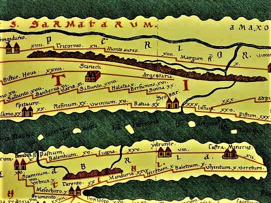 Римская дорога Via Adriatica на отрезке Epidaurum – Scobre. Деталь Пейтингеровой скрижали (пергаментная копия с древней римской карты, сделанная в XIII веке монахом из Эльзаса). Картографический материал взят с https://www.tabula-peutingeriana.de/