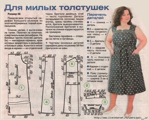 Выкройка сарафана 58 р. на широких бретелях, кокетке спереди.