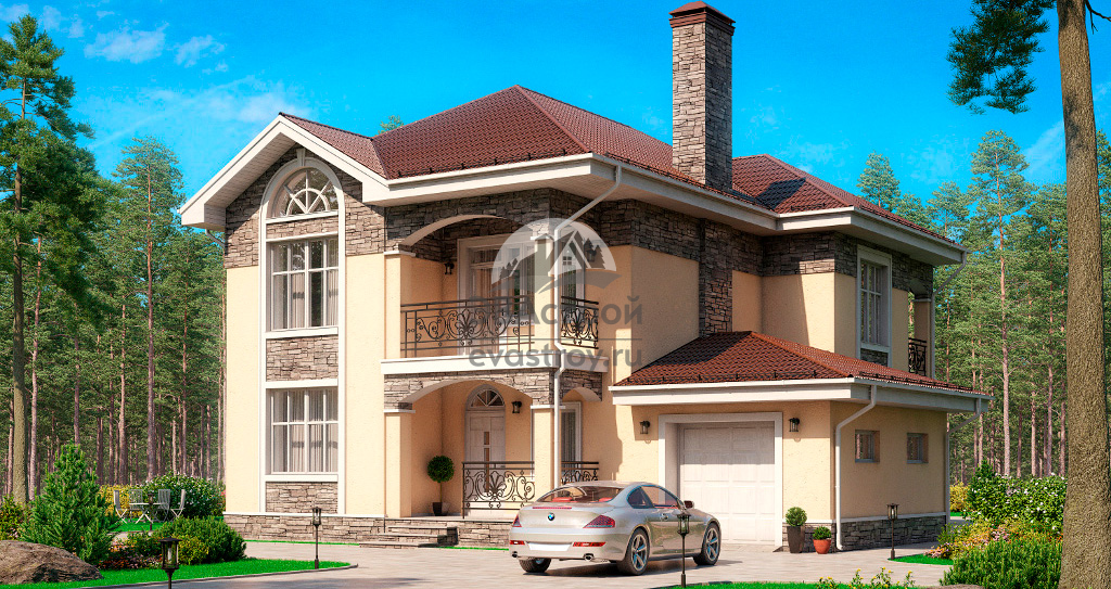 Проект двухэтажного дома 220 м2 с эркером, балконом, гаражом и крыльцом - 01-54