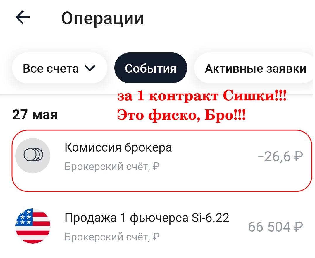 скрин отчета по комиссии 0.04% стоимости контракта на тарифе Трейдер Тинькофф