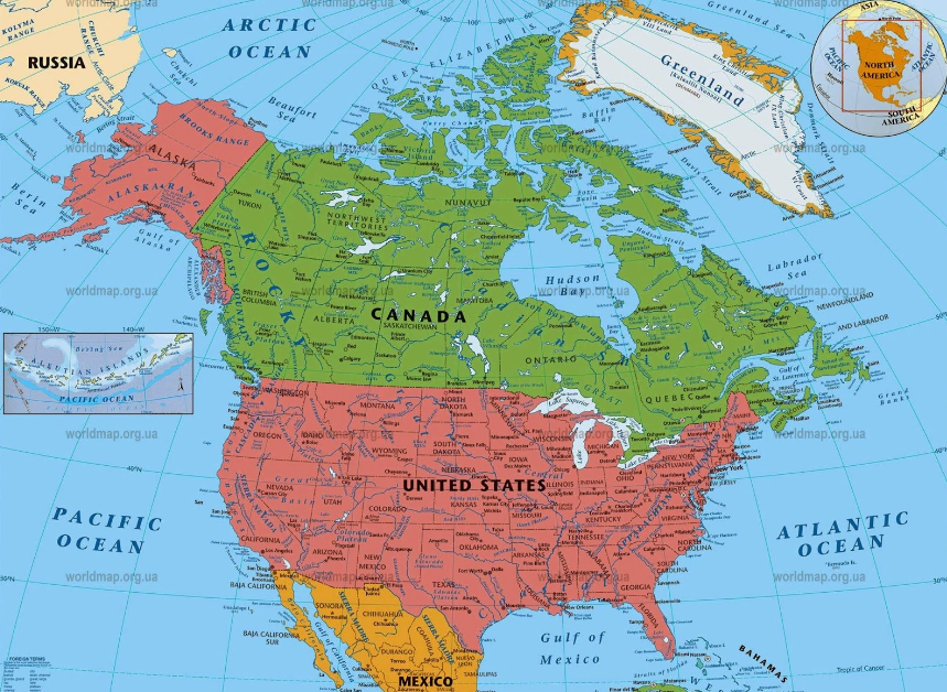 Сша большая страна. Карта стран Северной Америки на русском языке. Америка Континент политическая карта. Политическая карта Северной Америки. Политическая карта Сев Америки.