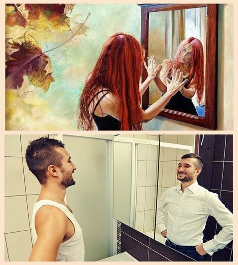 Мужик видит. Женщина зеркало мужчины. Мужик и женщина в зеркале. Девушка и мужчина в зеркале. Женщина это отражение мужчины.