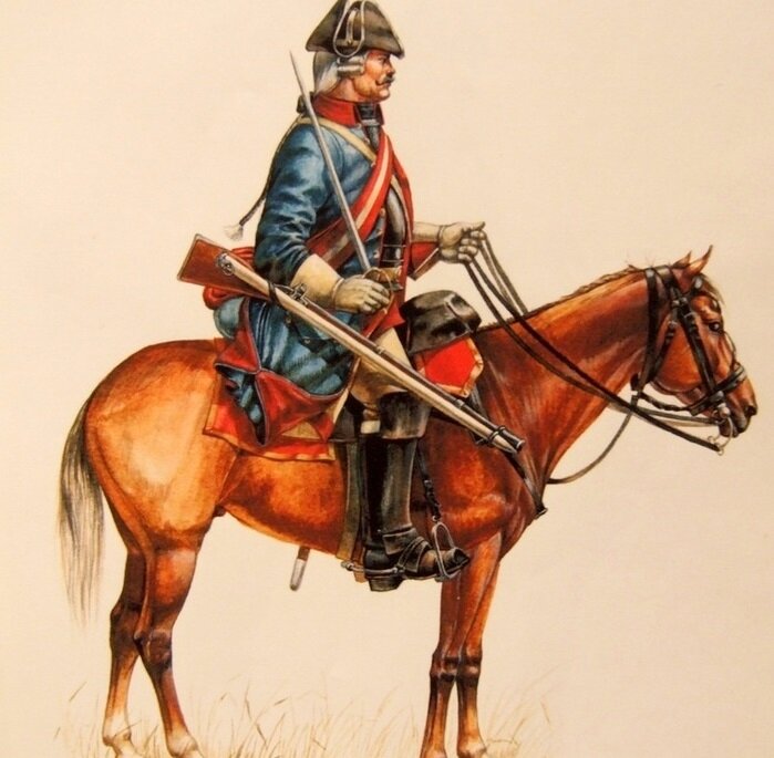 Рядовой из Минихова полка кирасир (до 1731 года - полк драгун). Иллюстратор: Алексей Темников