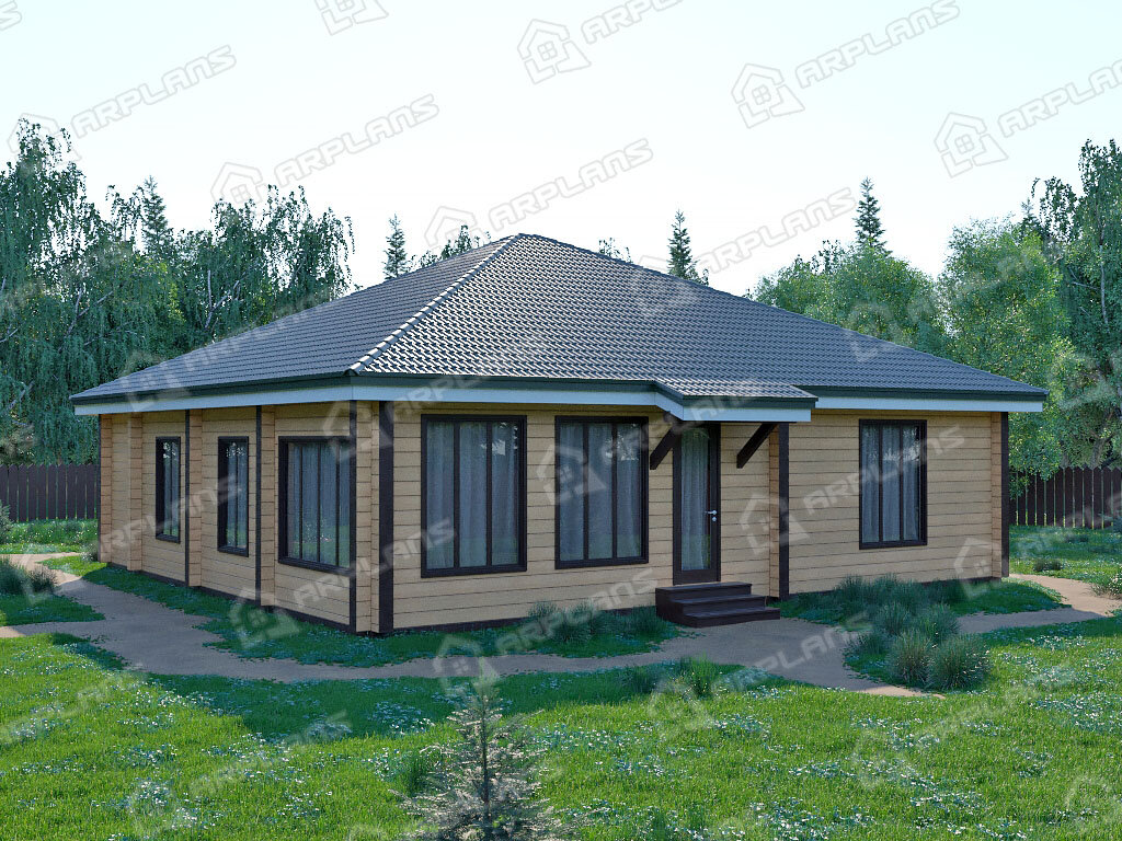 Фото 2 одноэтажного дома из бруса с 3 спальнями. Источник arplans.ru Проект ДС-090