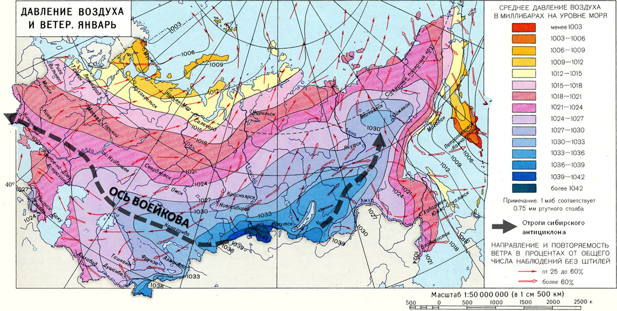 Карта атмосферного давления России. Карта атмосферного давления в январе в России. Карта атмосферного давления России зимой. Климатическая ось Воейкова. Преобладающие ветра россии