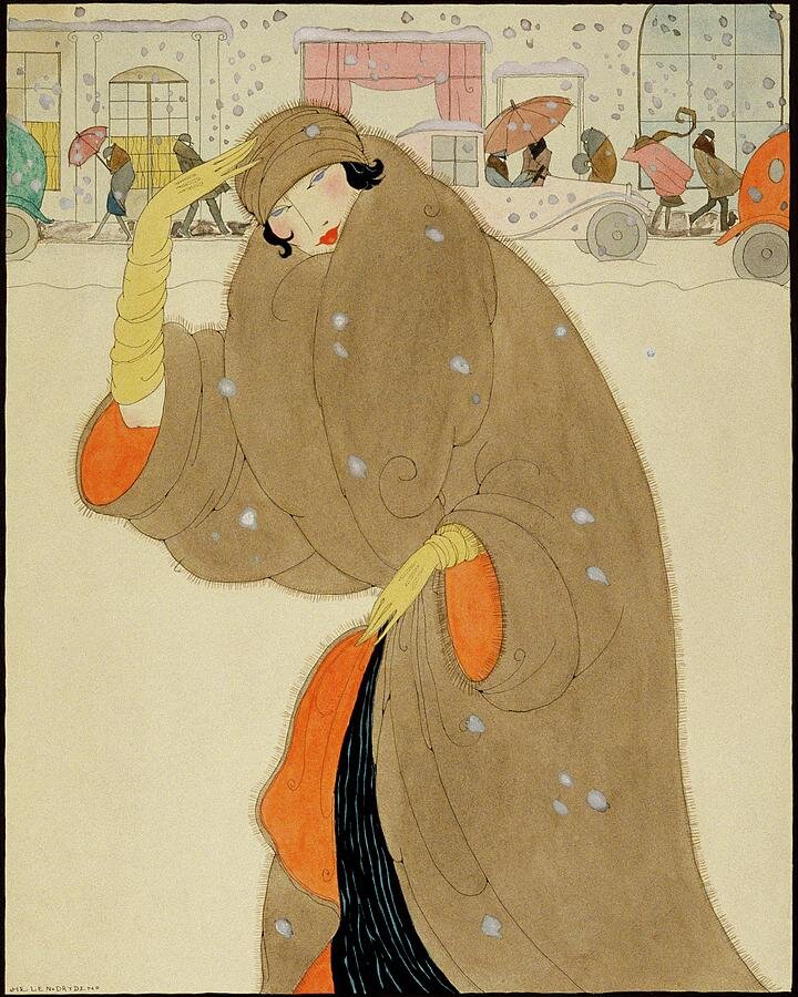 Хелен Драйден "Женщина в коричневом пальто", 1920, иллюстрация выполнена для модного журнала Vogue. Библиотека Университета Св. Луиса, Вашингтон, официальный сайт - www.library.wustl.edu 
