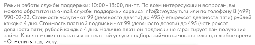 Условия платного использования сервиса - мелким шрифтом