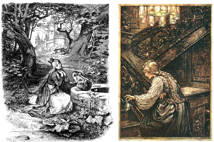 Иллюстрации Грот-Иоганна и Артура Рэкхэма к сказке «Король-Лягушонок».