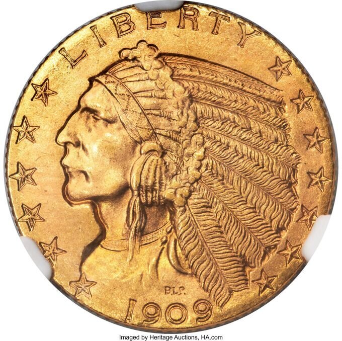 1909 Half Eagle MS66 NGC. Эта монета была продана за 26 400 долларов.