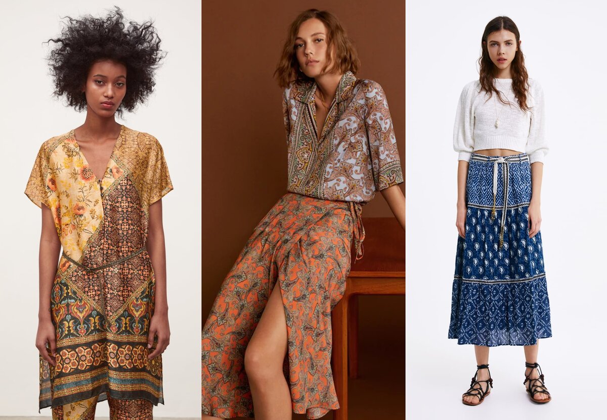 Туника Zara 2 999р 
Струящаяся рубашка с принтом Mango 3 799р                                                                                   Юбка Zara 3 999р