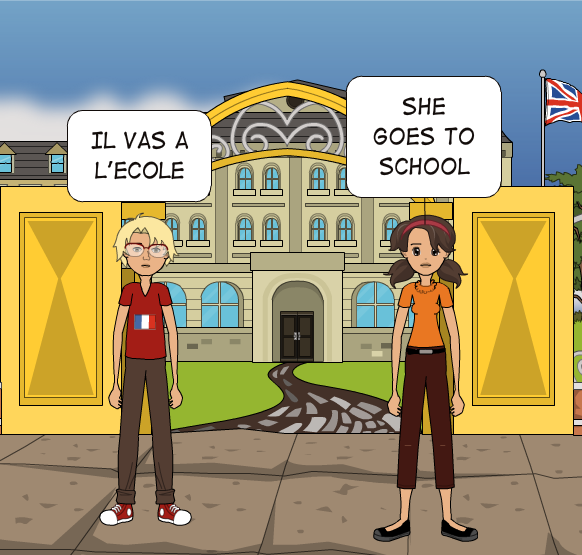 Французский: Он идёт в школу. Английский: Она идёт в школу.