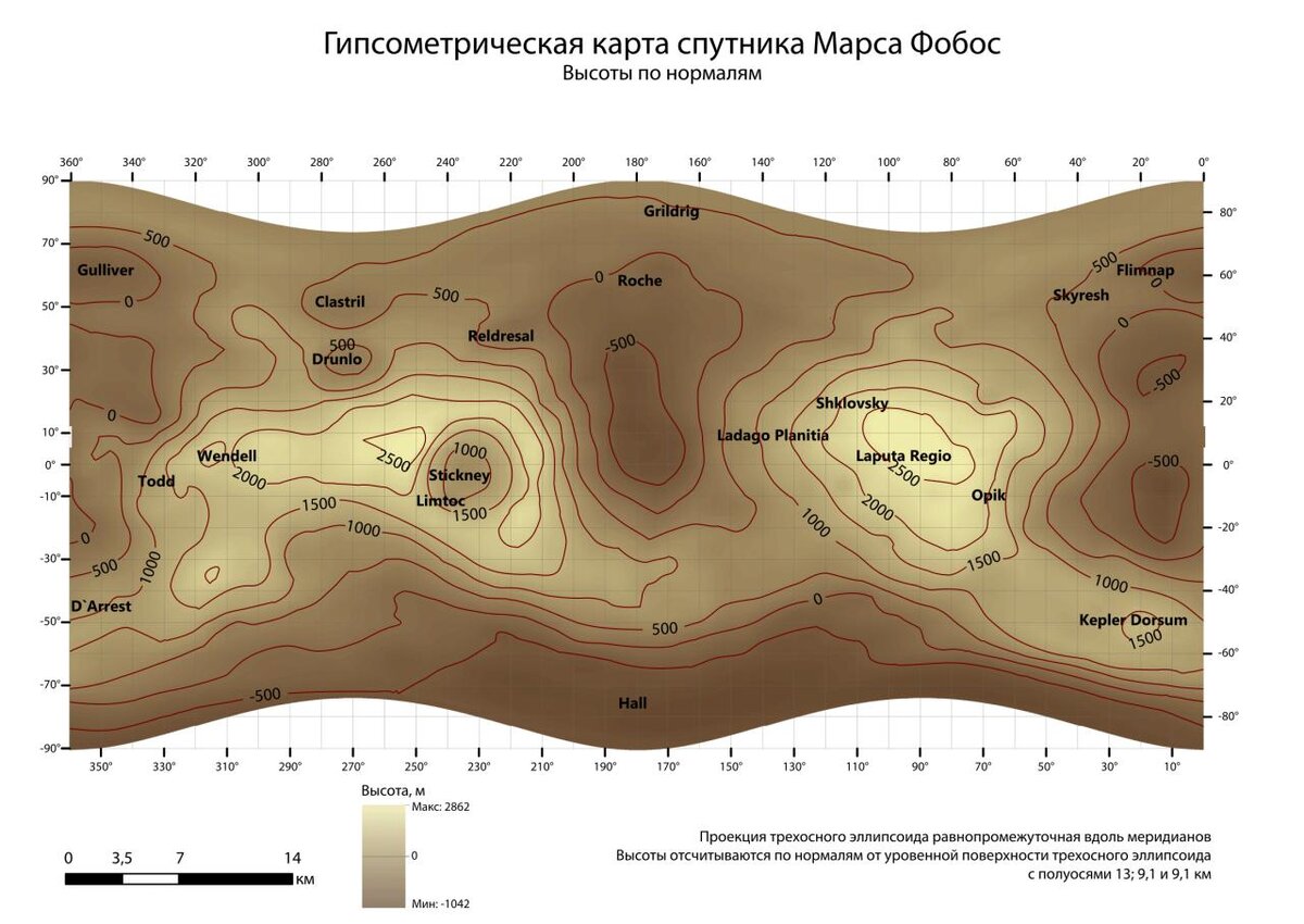 Карта высот спутника Марса Фобос в равнопромежуточной цилиндрической проекции
