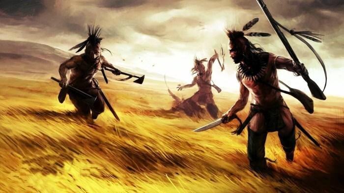 Индейцы прерий с боевыми томагавками.