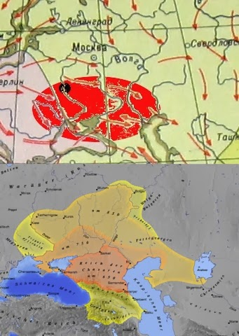 Вверху - зона радиоактивного заражения, которая планировалась. Внизу - карта вымышленной еврейской Хазарии.
